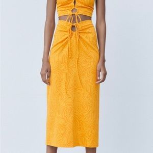 Zara Orange Yellow Printed Waist Tie MIDI Skirt